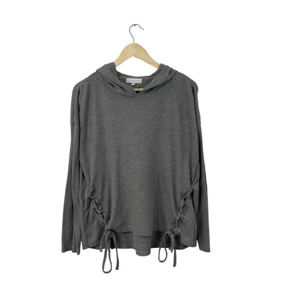 PJ Salvage Medium Hoodie Top Ruched Sides Gray Waffle Knit Pajama Lounge Womens